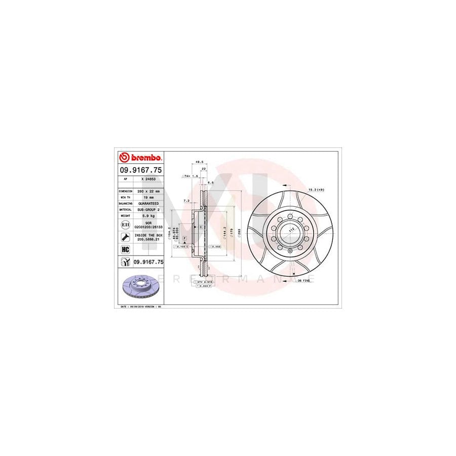 BREMBO MAX LINE 09.9167.75 Brake Disc Internally Vented, Slotted, Coated, High-carbon, with bolts/screws - 1 piece