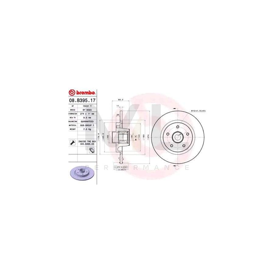 BREMBO BEARING DISC LINE 08.B395.17 Brake Disc for RENAULT KANGOO Solid, with ABS sensor ring, with wheel bearing set - 1 piece