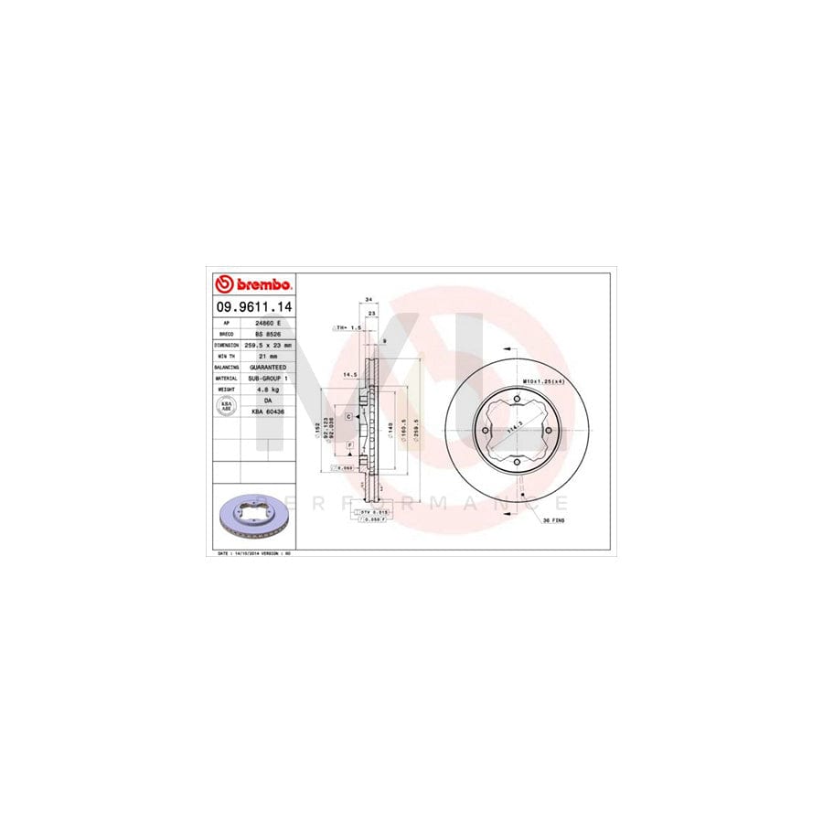 BREMBO 09.9611.14 Brake Disc for ROVER 600 (RH) Internally Vented - 1 piece