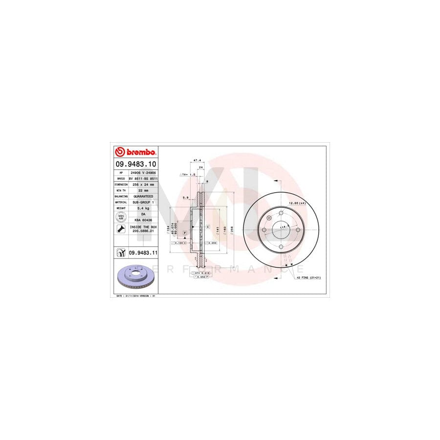BREMBO COATED DISC LINE 09.9483.11 Brake Disc Internally Vented, Coated - 1 piece