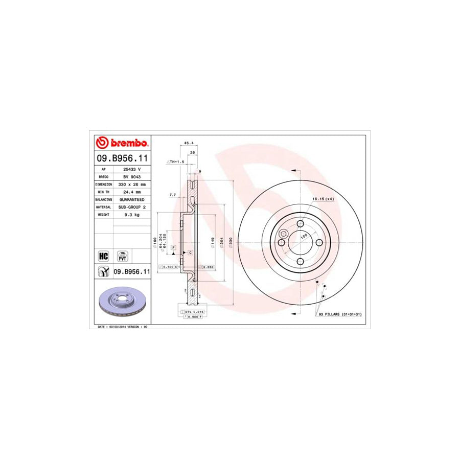 BREMBO COATED DISC LINE 09 B956 11 Brake Disc for MINI Hatchback R56 Internally Vented Coated High carbon