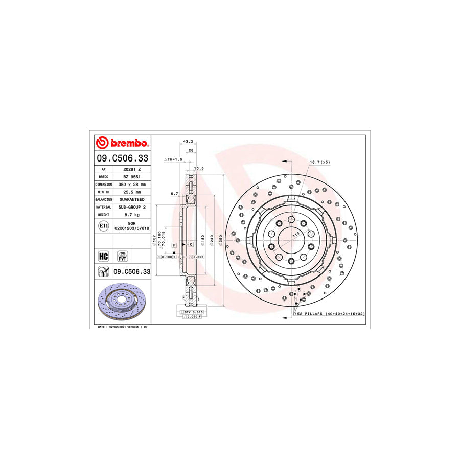 BREMBO 09 C506 33 Brake Disc Internally Vented Coated High carbon