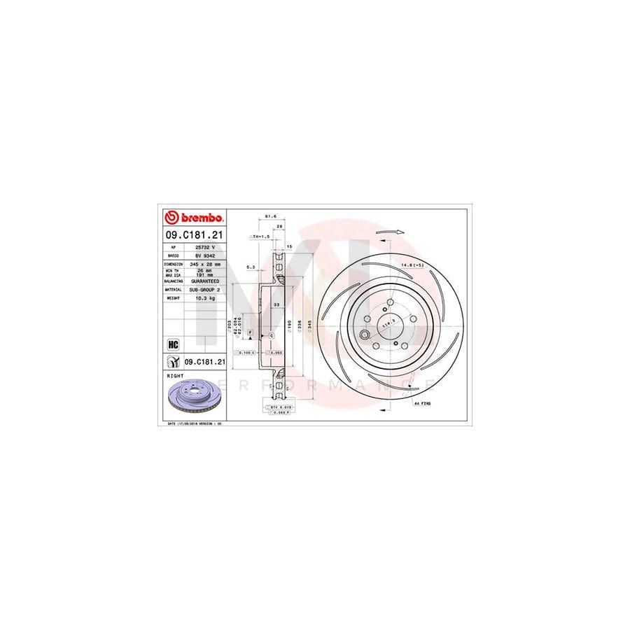 BREMBO 09.C181.21 Brake Disc Internally Vented, Slotted, Coated, High-carbon