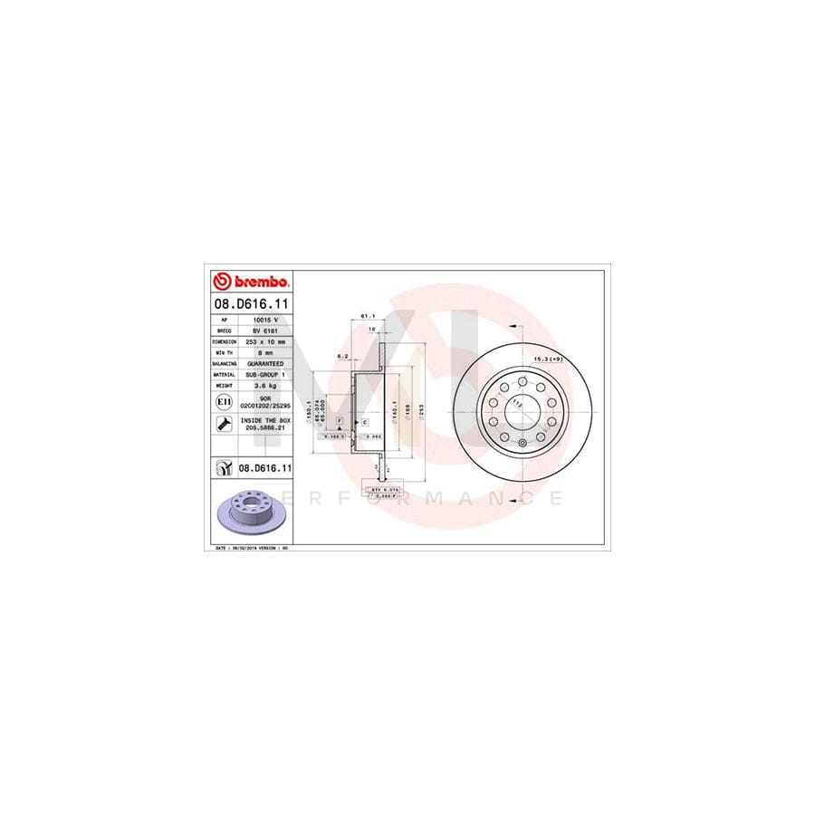 BREMBO 08.D616.11 Brake Disc for SKODA OCTAVIA Solid, Coated, with bolts/screws - 1 piece
