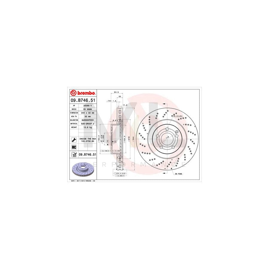 BREMBO COATED DISC LINE 09.B746.51 Brake Disc suitable for MERCEDES-BENZ E-Class Perforated / Vented, Coated, High-carbon, with bolts/screws - 1 piece