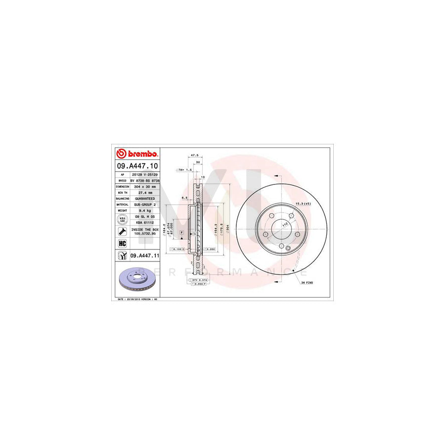 BREMBO 09.A447.10 Brake Disc suitable for MERCEDES-BENZ E-Class Internally Vented, High-carbon, with bolts/screws - 1 piece