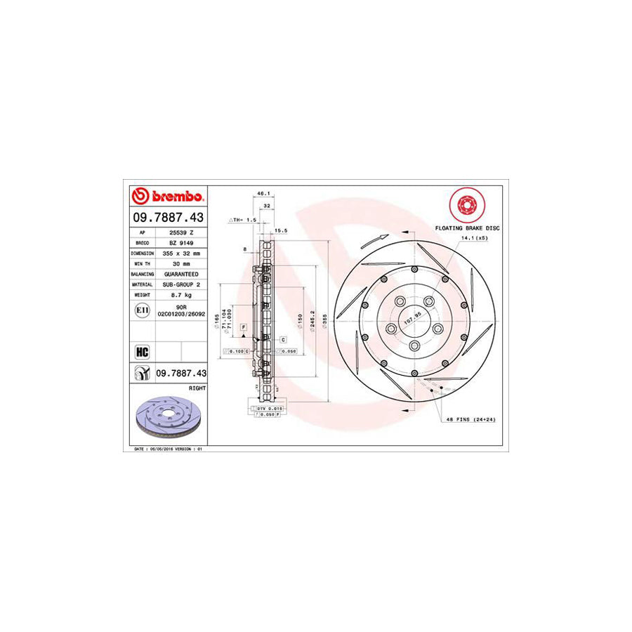 BREMBO 09 7887 43 Brake Disc for ASTON MARTIN Vanquish I Vantage R2 Internally Vented Slotted Coated High carbon