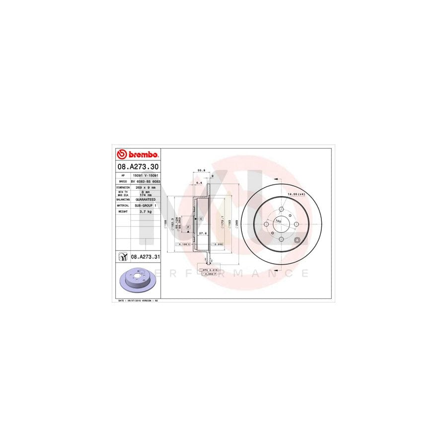 BREMBO COATED DISC LINE 08.A273.31 Brake Disc for TOYOTA Corolla IX Saloon (E120) Solid, Coated - 1 piece