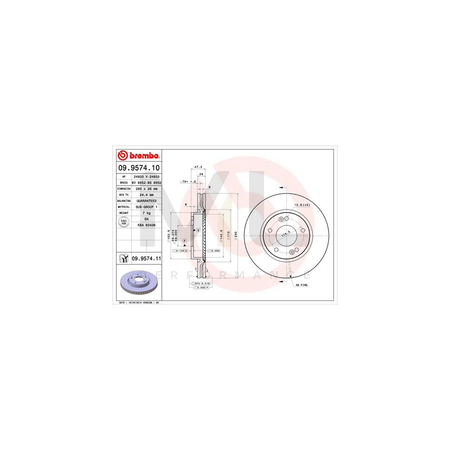 BREMBO 09.9574.10 Brake Disc Internally Vented - 1 piece