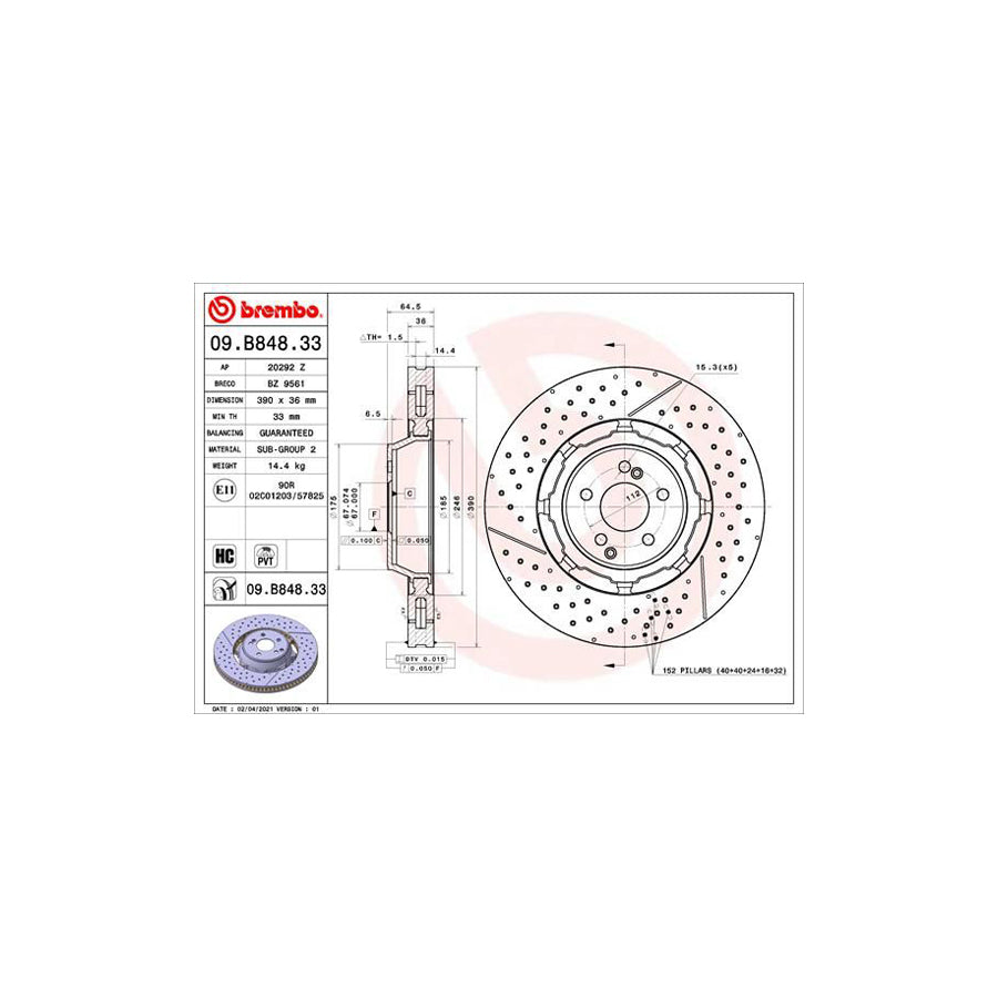 BREMBO 09 B848 33 Brake Disc Internally Vented Coated High carbon