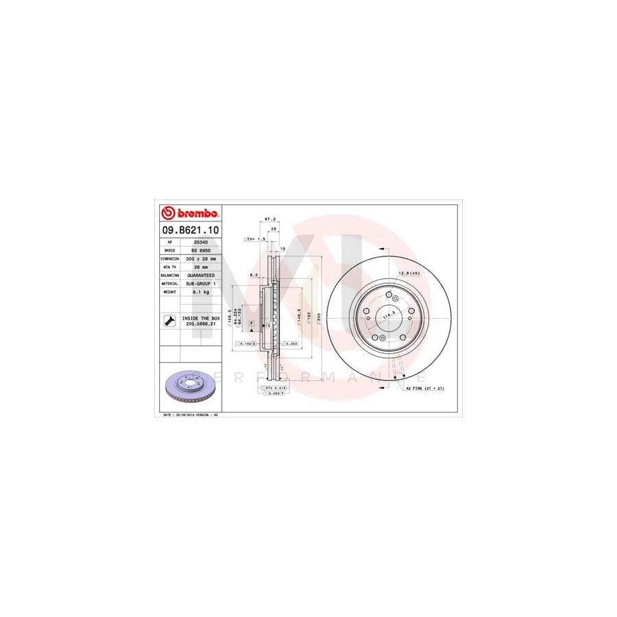 BREMBO 09.B621.10 Brake Disc for HONDA ACCORD Internally Vented, with bolts/screws - 1 piece