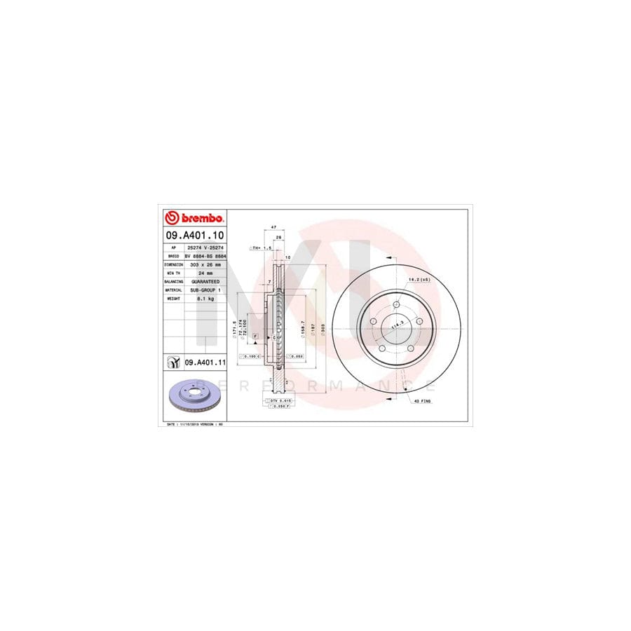 BREMBO 09.A401.10 Brake Disc Internally Vented - 1 piece