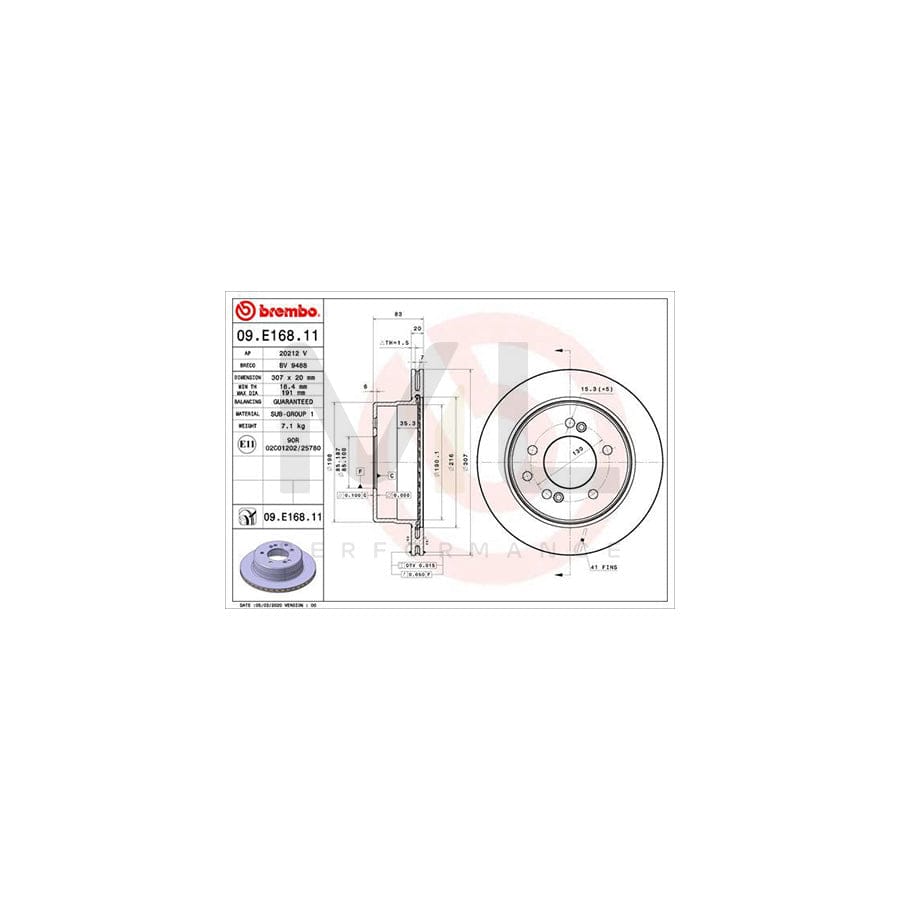 BREMBO 09.E168.11 Brake Disc Internally Vented, Coated - 1 piece