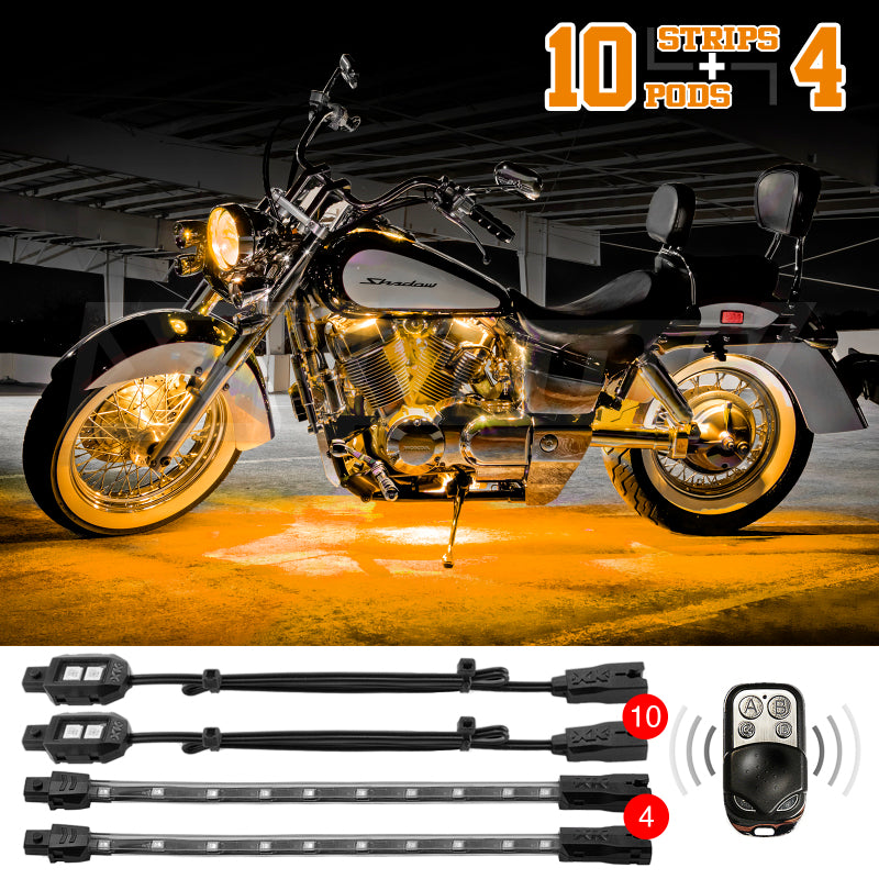 XKGLOW XK Glow Strips Single Color XKGLOW LED Accent Light Motorcycle Kit Amber - 10xPod + 4x8In
