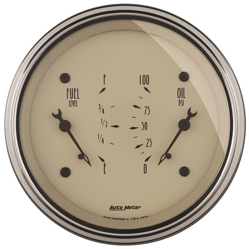 AutoMeter Gauge Dual Fuel & Oilp 3-3/8in. 0 Ohm(e) to 90 Ohm(f)& 100PSI Elec Antique Beige
