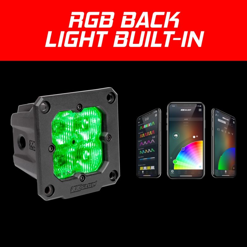 XKGLOW XK Glow Flush Mount XKchrome 20w LED Cube Light w/ RGB Accent Light Kit w/ Cntrlr- Driving Beam 2pc