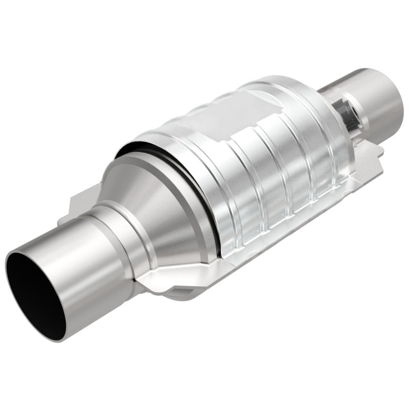 MagnaFlow Univ Conv 2in In/Out Ctr/Ctr Round 9in Body L x 5.125in W x 13in Overall L Single O2 Port