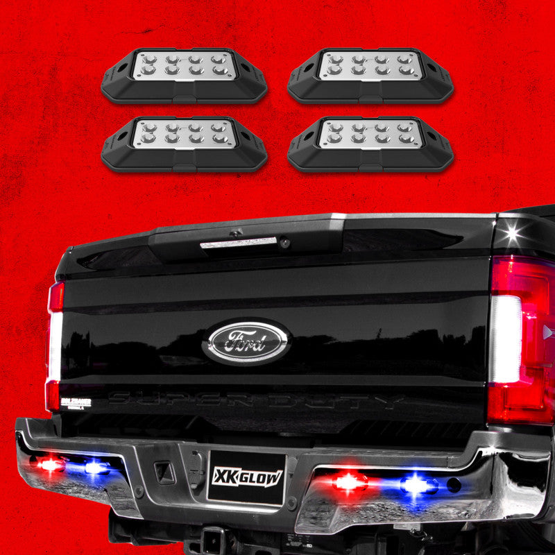 XKGLOW XK Glow Strobe Pod Lights w/ Traffic Modes Ultra LEDs Multiple Modes + Solid On - Red + Blue 4pc