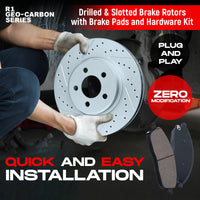 R1 Concepts R1 14-19 Hyundai Tucson Rear Drill/Slot Carbon Coated Rotor Set w/Optimum Pads