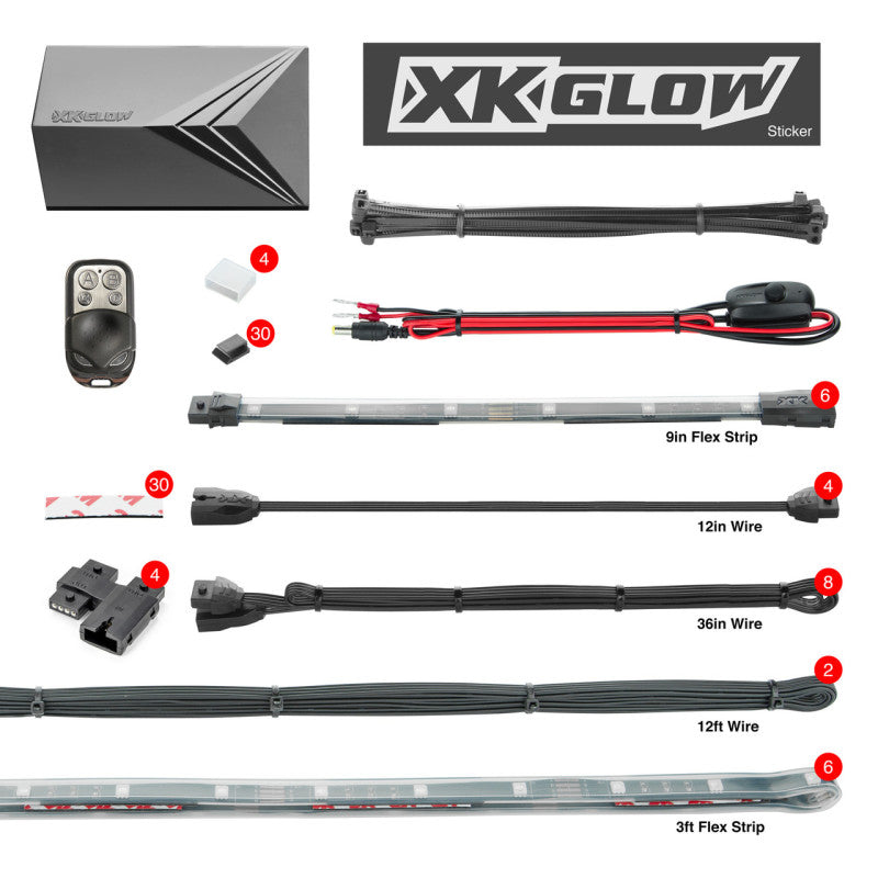 XKGLOW XK Glow Flex Strips 2 Million Color XKGLOW LED Accent Light Marine/Boat Kit 6x36In Strips + 6x 10In