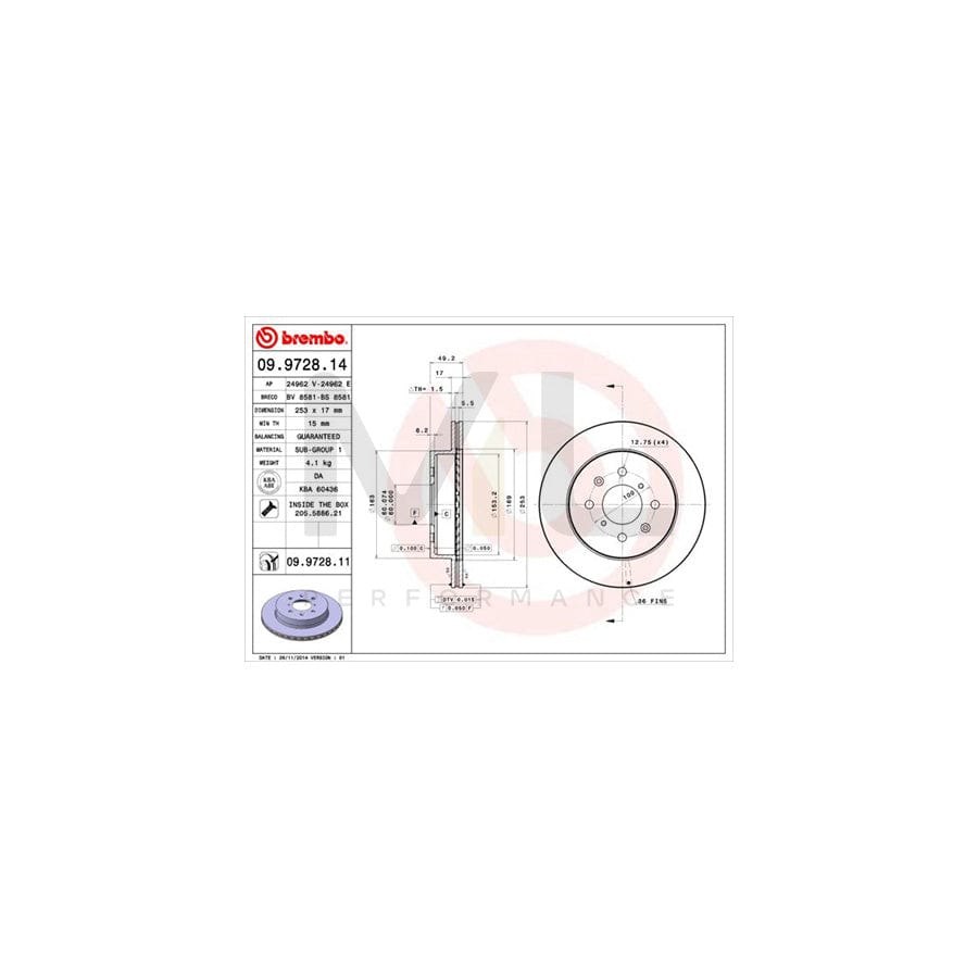 BREMBO 09.9728.14 Brake Disc Internally Vented, with bolts/screws  - 1 piece