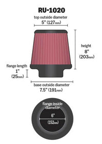 K&N Engineering K&N Universal Tapered Filter 6in Flange ID x 7.5in Base OD x 5in Top OD x 8in Height