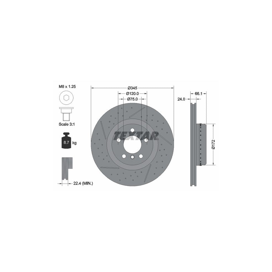 TEXTAR PRO 92265225 Brake Disc Drilled dimples Internally Vented Slotted Two piece brake disc Coated High carbon with bolts screws without wheel hub without wheel studs