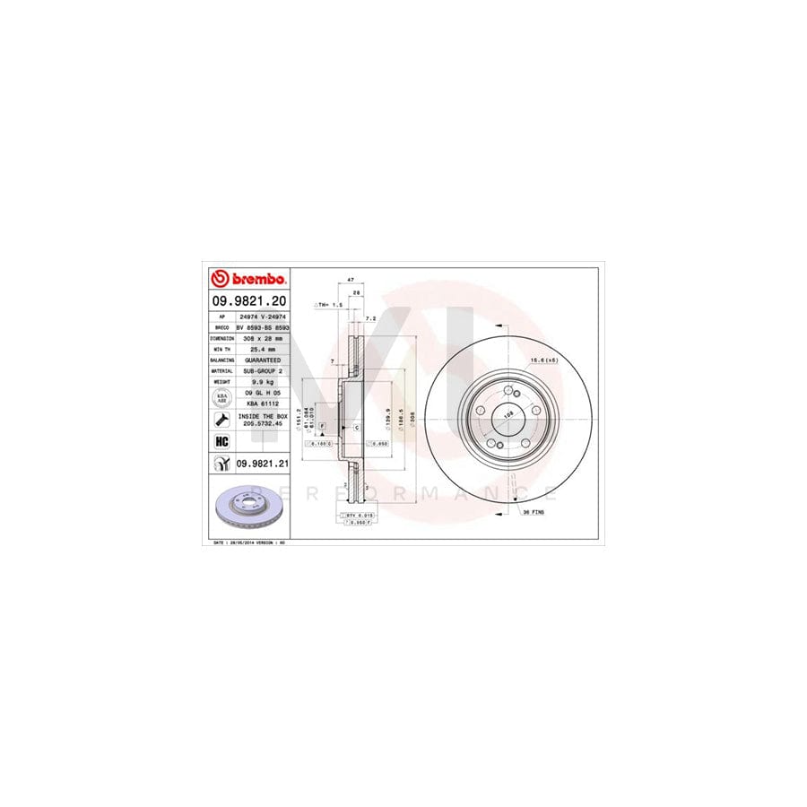 BREMBO 09.9821.20 Brake Disc Internally Vented, with bolts/screws  - 1 piece