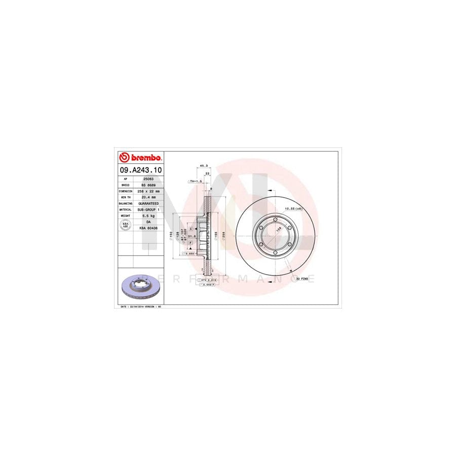 BREMBO 09.A243.10 Brake Disc for MITSUBISHI PAJERO / SHOGUN Internally Vented  - 1 piece
