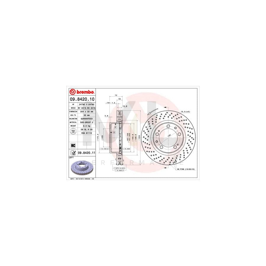 BREMBO 09.8420.10 Brake Disc for PORSCHE 911 Perforated / Vented, High-carbon