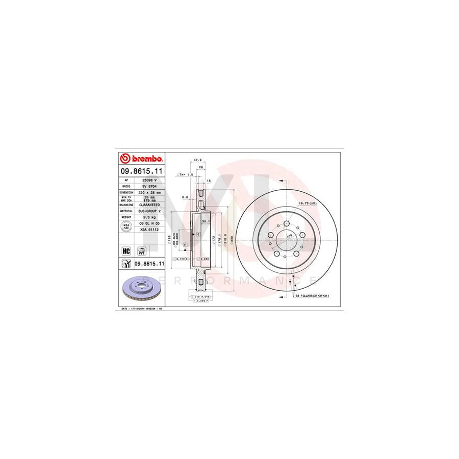 BREMBO COATED DISC LINE 09.8615.11 Brake Disc Internally Vented, Coated, High-carbon  - 1 piece