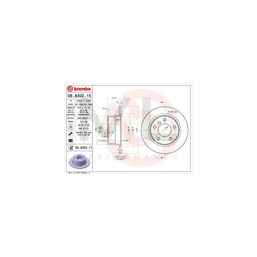 BREMBO 08.8302.10 Brake Disc for BMW 3 Compact (E36) Solid, with bolts/screws  - 1 piece