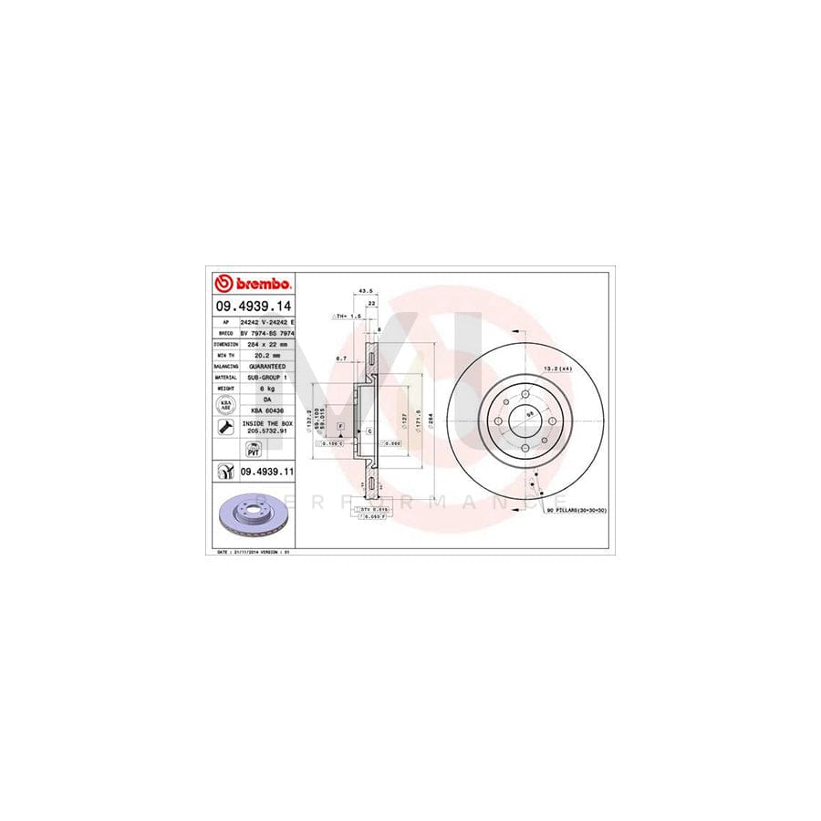 BREMBO 09.4939.14 Brake Disc Internally Vented, with bolts/screws  - 1 piece