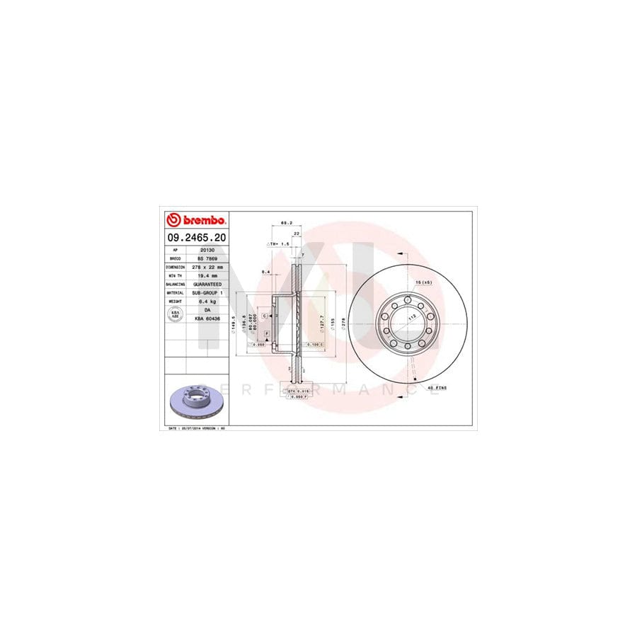 BREMBO 09.2465.20 Brake Disc Internally Vented  - 1 piece