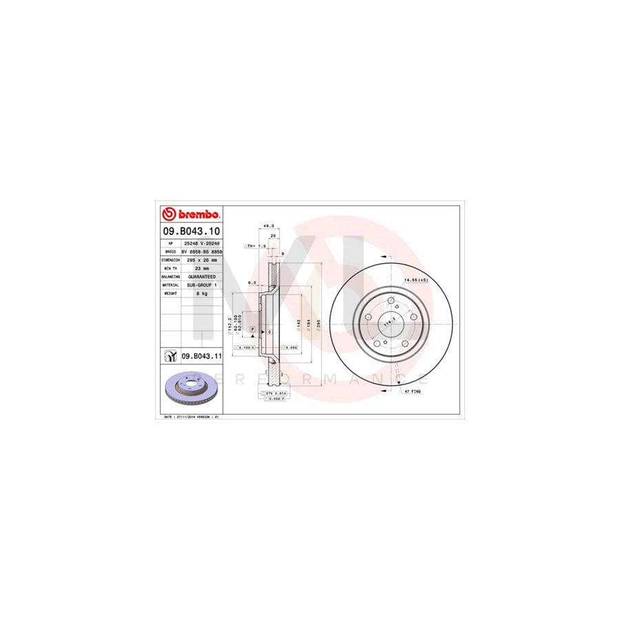 BREMBO 09.B043.10 Brake Disc Internally Vented  - 1 piece