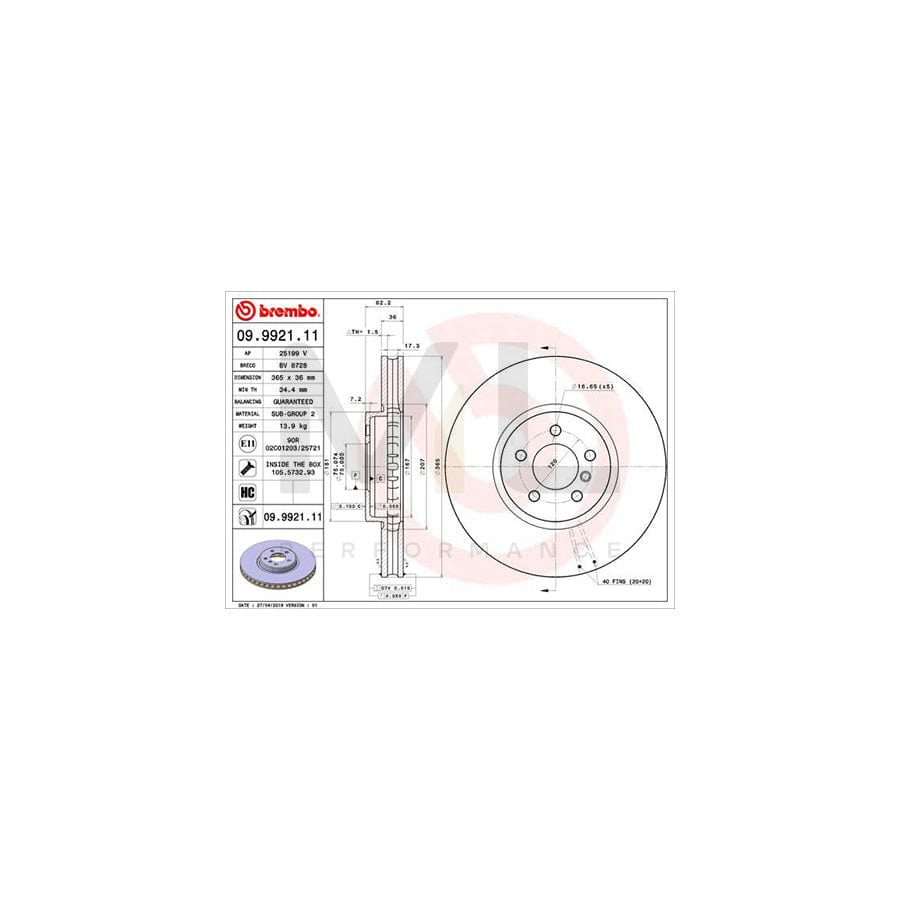 BREMBO COATED DISC LINE 09.9921.11 Brake Disc Internally Vented, Coated, High-carbon, with bolts/screws  - 1 piece