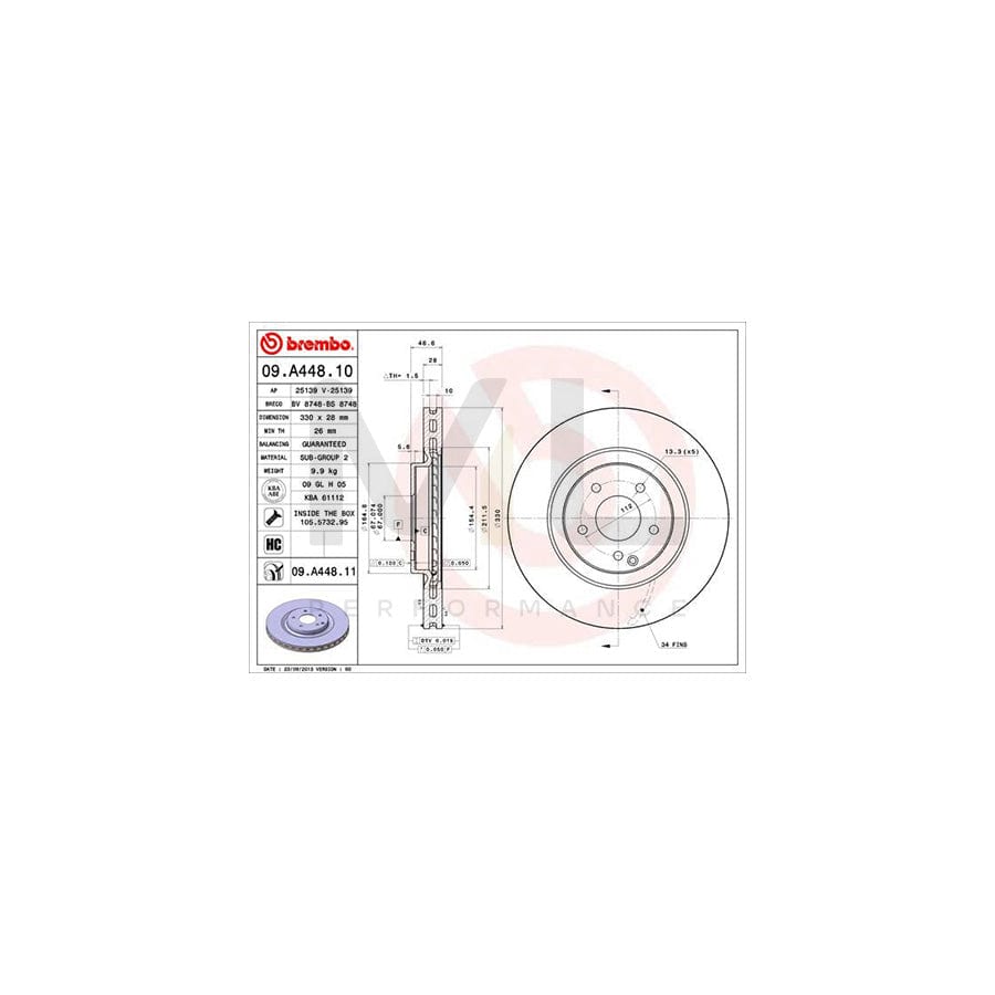 BREMBO 09.A448.10 Brake Disc Internally Vented, High-carbon, with bolts/screws  - 1 piece