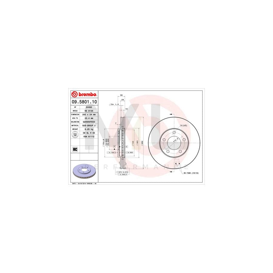 BREMBO 09.5801.10 Brake Disc for CHRYSLER VOYAGER Internally Vented  - 1 piece