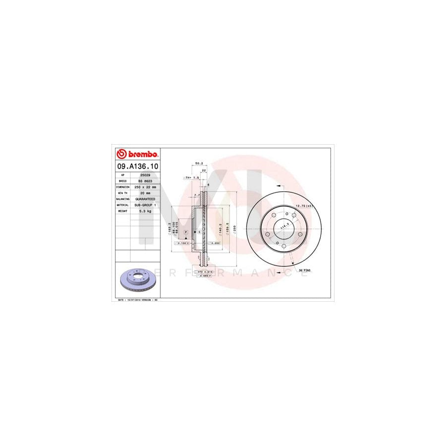 BREMBO 09.A136.10 Brake Disc Internally Vented  - 1 piece