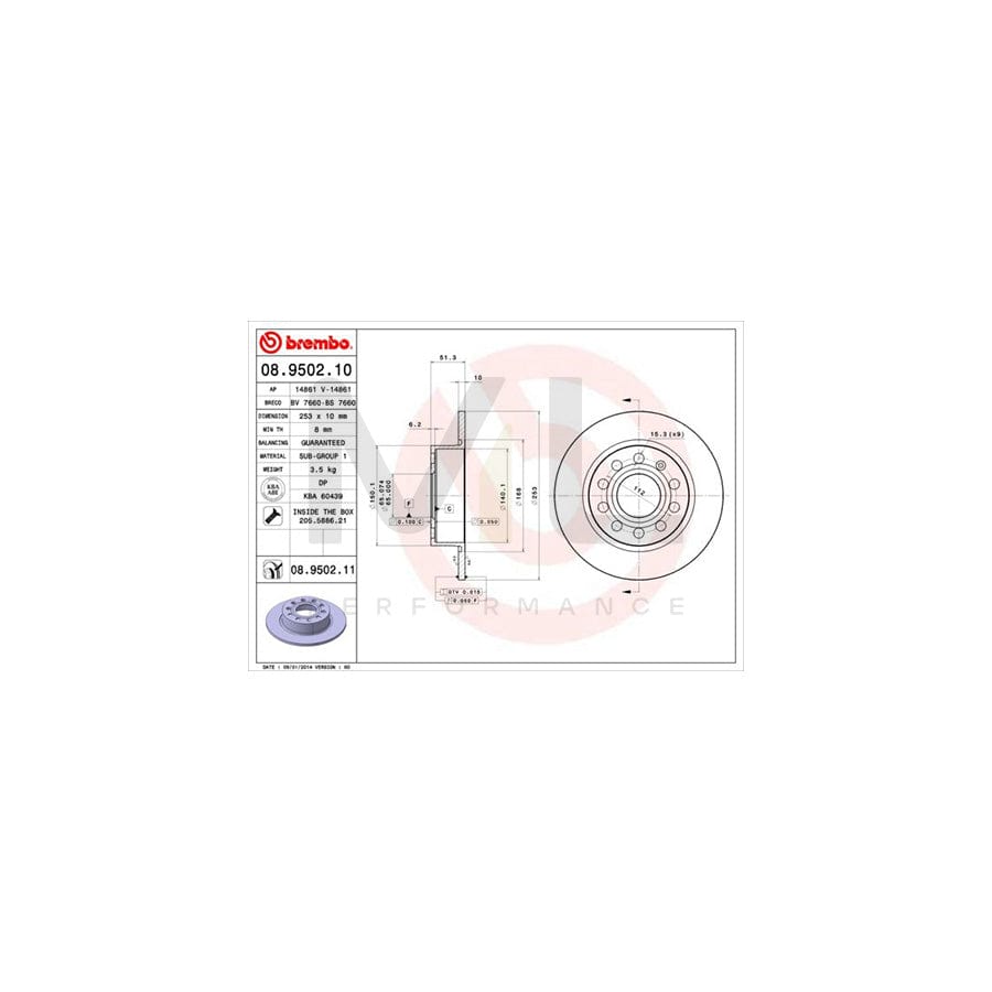 BREMBO 08.9502.10 Brake Disc Solid, with bolts/screws  - 1 piece