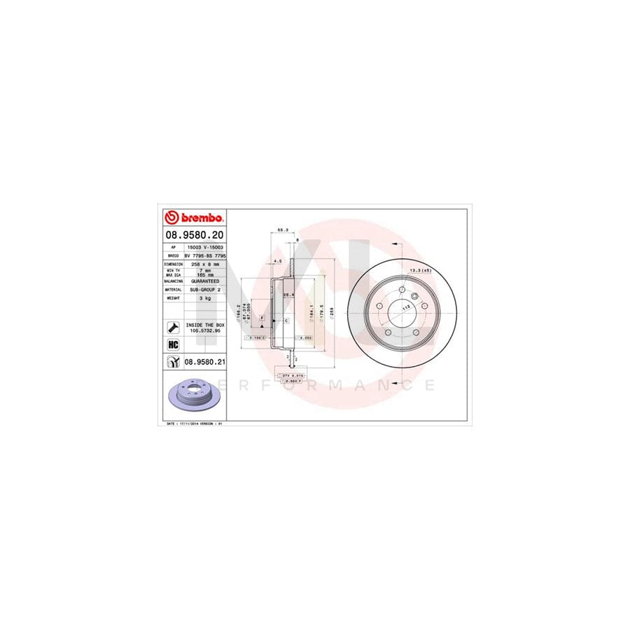 BREMBO COATED DISC LINE 08.9580.21 Brake Disc Solid, Coated, High-carbon, with bolts/screws  - 1 piece