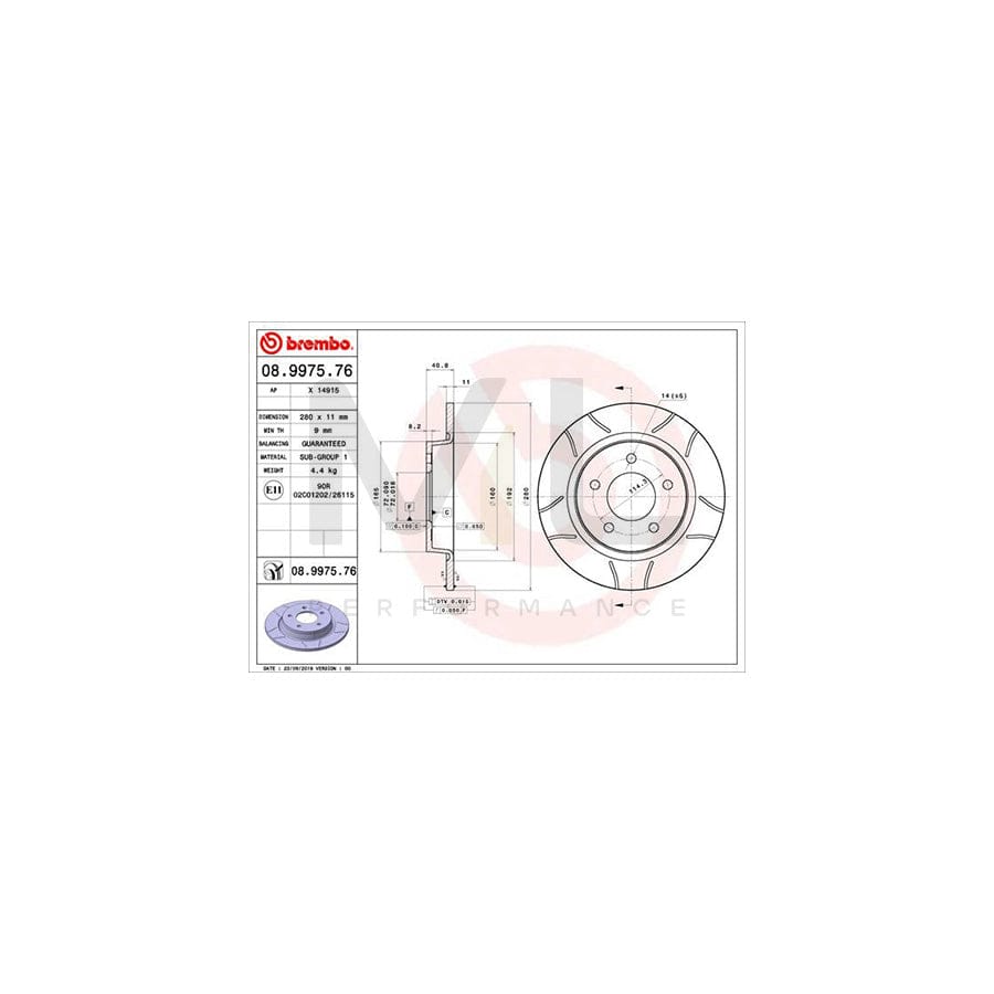 BREMBO 08.9975.76 Brake Disc Slotted, Solid, Coated  - 1 piece