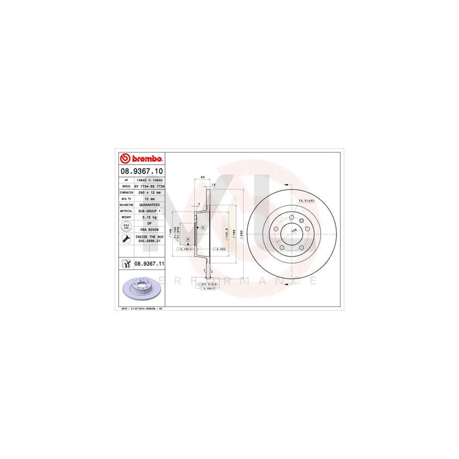 BREMBO 08.9367.10 Brake Disc for PEUGEOT 407 Coupe Solid, with bolts/screws  - 1 piece