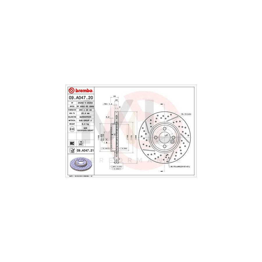 BREMBO 09.A047.20 Brake Disc Internally Vented, Slotted / Perforated, High-carbon  - 1 piece