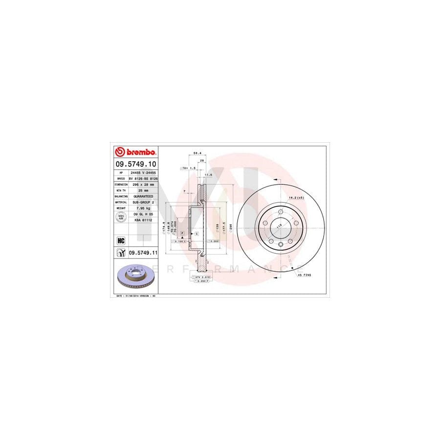 BREMBO COATED DISC LINE 09.5749.11 Brake Disc Internally Vented, Coated, High-carbon  - 1 piece