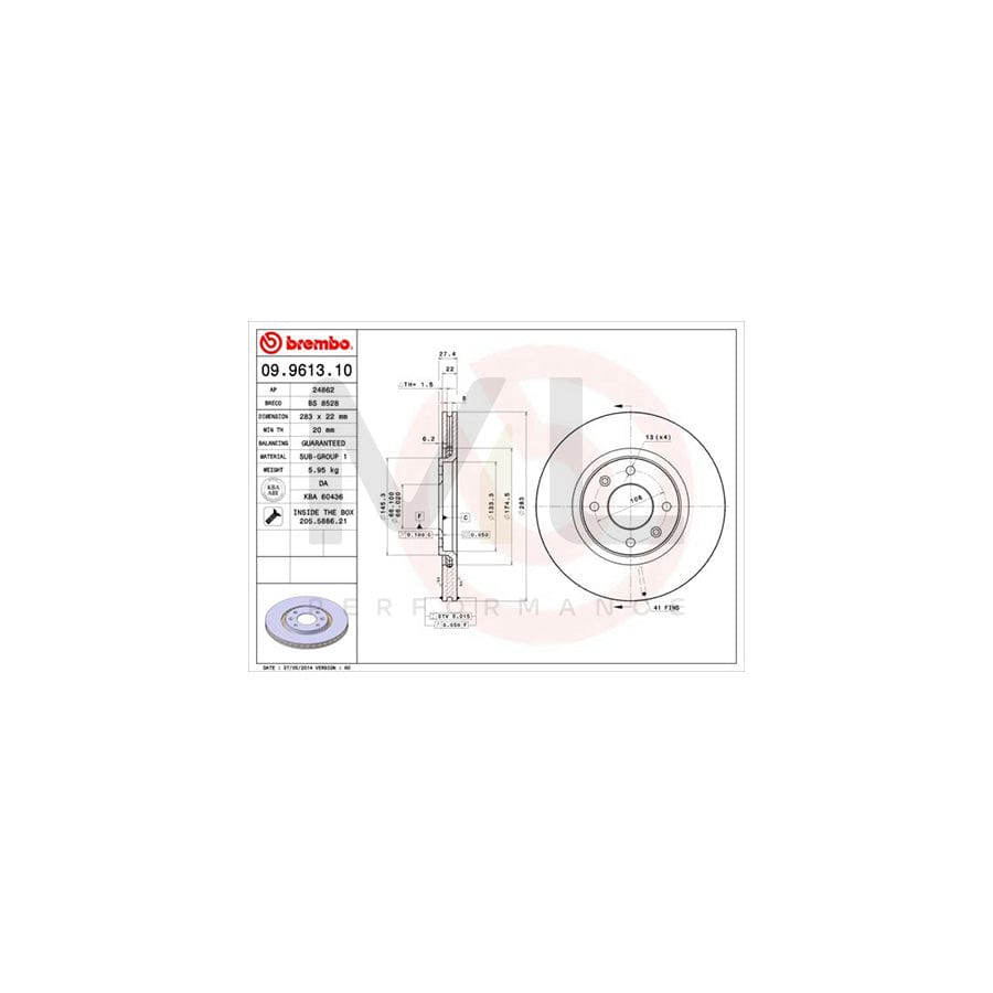 BREMBO 09.9613.10 Brake Disc Internally Vented, with bolts/screws  - 1 piece