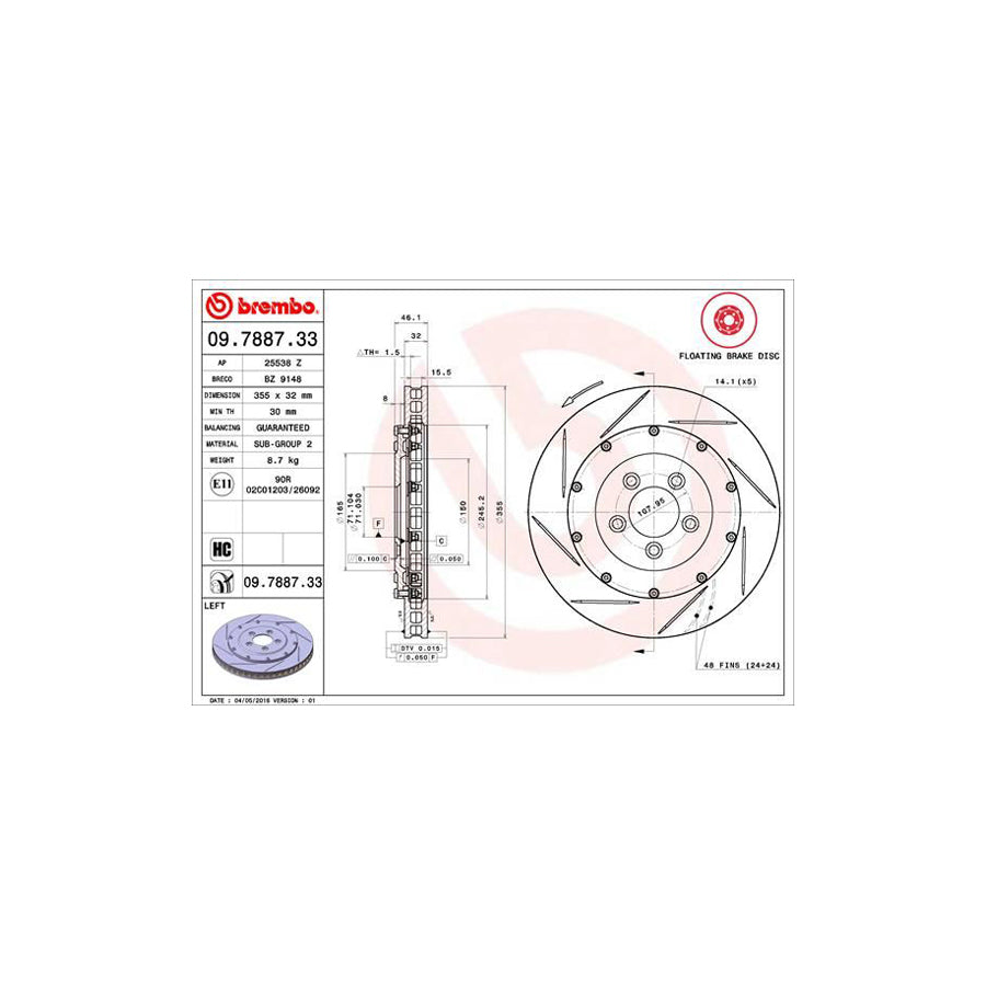 BREMBO 09 7887 33 Brake Disc for ASTON MARTIN Vanquish I Vantage R2 Internally Vented Slotted Coated High carbon