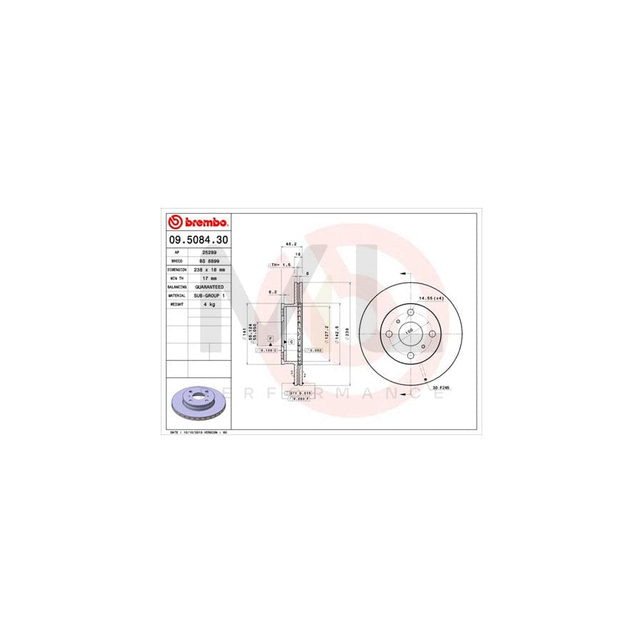 BREMBO 09.5084.30 Brake Disc for TOYOTA COROLLA Internally Vented  - 1 piece