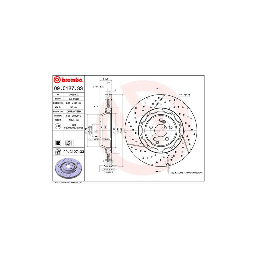 BREMBO 09 C127 33 Brake Disc suitable for MERCEDES BENZ S Class Internally Vented Coated High carbon