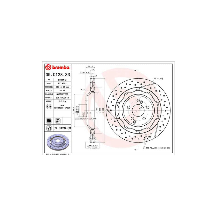 BREMBO 09 C128 33 Brake Disc Internally Vented Coated High carbon